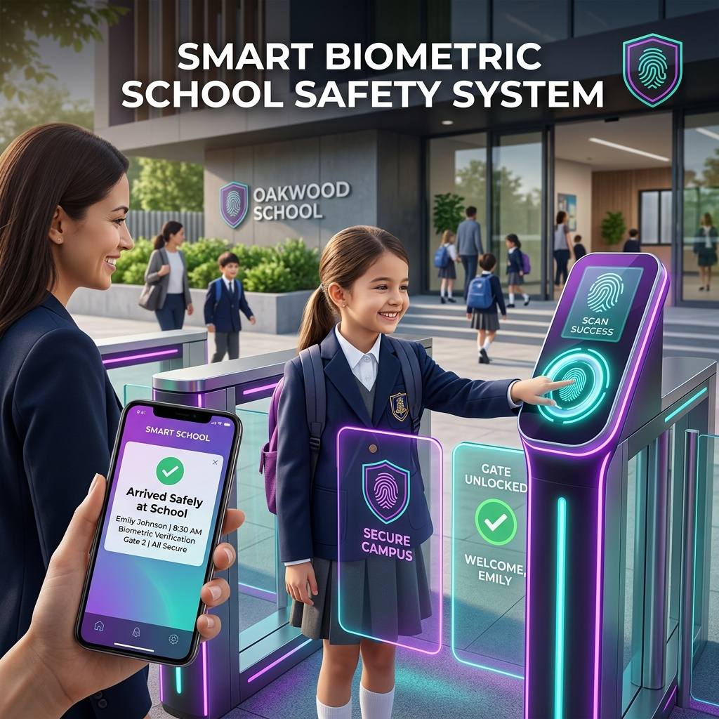 Child scanning finger on modern terminal at school entrance gate