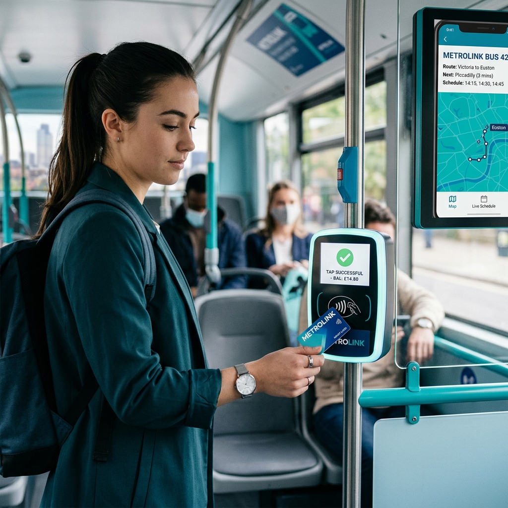 Commuter using smart contactless card to tap on NFC reader on bus